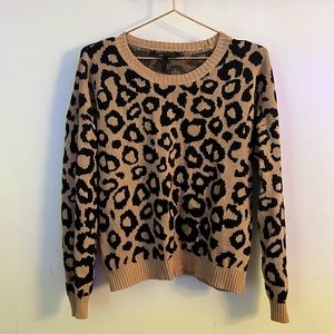 BCBG Max Azria Tan & Black Leopard Knit Crew Neck Sweater, Size Medium